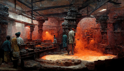 AI generated image of an ancient Indian foundry, liquid iron molten metal pouring in container, industrial metallurgical factory, foundry cast