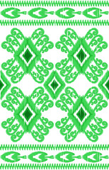 Abstract ethnic ikat fabric illustration. Green and white seamless pattern background. Design for clothing, wrapping, cover, carpet, fabric, textile, scarf, batik, background, wallpaper, illustration.