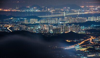 Night view in Hong Kong from Tai Mo Shan, the highest hill in Hong Kong