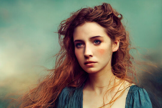 Woman with messy hair, Oil painting, green background