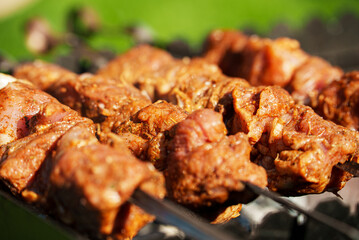 Tasty pork shashlik on the grill.