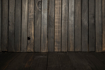 Natural dark wooden table pieces with texture background wallpaper and text space