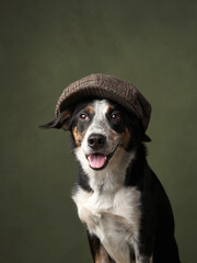 funny dog in a cap on a green background. Charming border collie. vintage pet portrait in the studio