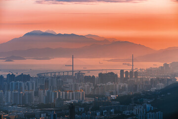 Fototapeta premium Top view from The kowloon peak, sunset over Kowloon and Hong kong