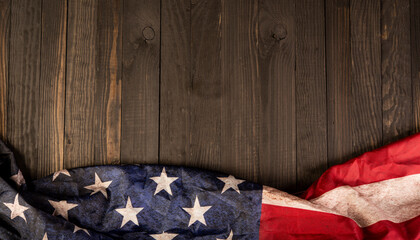 Grunge United Sates of America flag on Wooden table top view with copy space