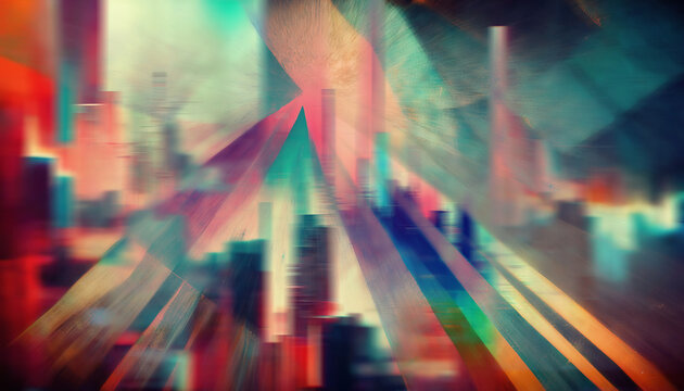Colorful background. Abstract cityscape. Blur red pink blue orange light rays texture noise collage grunge urban