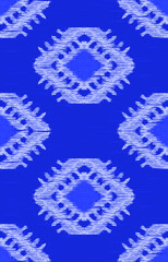 Abstract ethnic ikat fabric illustration. Blue and white pattern background. Design for clothing, wrapping, cover, carpet, fabric, textile, scarf, batik, background, wallpaper, illustration.