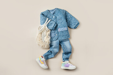Set of kids clothes and accessories. Childrens jacket with jeans,  sneakers and eco bag. Fashion Baby outfit for spring or autumn..