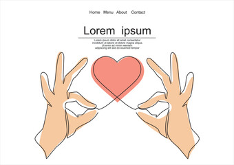 Single continuous line drawing of hands holding a heart on white background. 