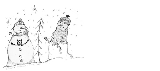 Fototapeta na wymiar Banner con coppia di pupazzi di neve con gufo e agrifoglio, illustrazione isolata su sfondo bianco