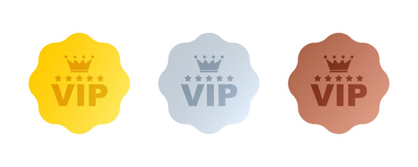 Vip label, badge or tag. Vip icons with crown and stars. Round label with three vip level in gold, silver and bronze color. Modern vector illustration - obrazy, fototapety, plakaty
