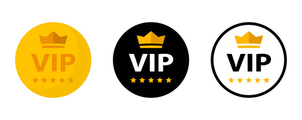 Vip label, badge or tag. Vip icons with crown and stars. Round label with three vip level in gold, silver and bronze color. Modern vector illustration - obrazy, fototapety, plakaty