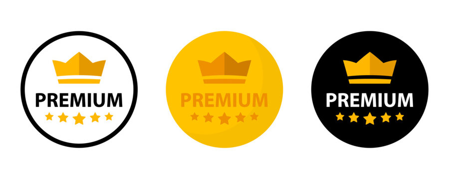 Premium quality label. Best quality flat vector badges. Premium icon with crown and stars. Vector illustration. Round label with three level quality. Vip icon in flat style
