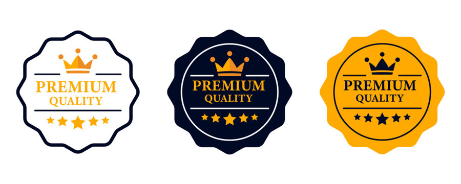 Premium quality label. Best quality flat vector badges. Premium icon with crown and stars. Vector illustration. Round label with three level quality. Vip icon in flat style