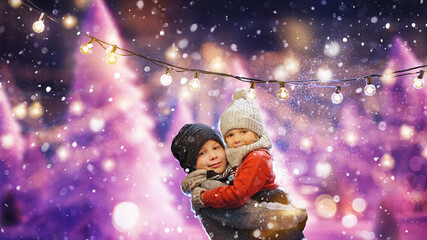 Obraz na płótnie Canvas Cute girl and boy enjoying the holidays at Christmas. Decorate family feast.