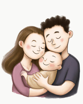 An illustration of a young couple holding their baby smilnig with eyes closed