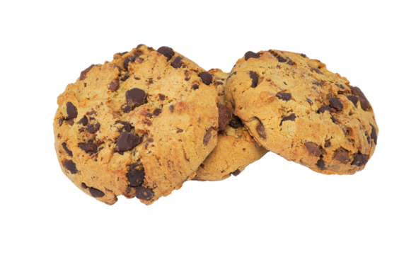 Chocolate chip cookies isolated on transparent background with PNG. Homemade pastry. Sweet biscuits