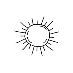 Summer sun, hot, shining. Sweet sunshine on a summer day. Doodle. Hand drawn. Vector illustration. Outline. 