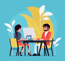 Busy professionals, businessman, businesswoman in office. Management, sales and social conversation, professional communication skills, corporate talk. Vector creative vibrant botanical illustration