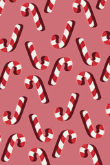 Red and white sugar candy cane sticks with sharp shadows on a pink background. Christmas party holiday seamless pattern. New year wallpaper design. Creative minimal greeting card.