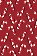 Red and white sugar candy cane sticks with sharp shadows on a red background. Christmas party holiday seamless pattern. New year wallpaper design. Creative minimal greeting card.