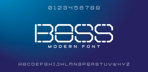 BOSS, minimal line font. Alphabet letter fonts for tech. Typography modern style font set for logo, Poster, Banner. Vector typeface illustration.	