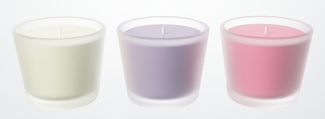 Set of three glass container candles mock-up 3D render, scented colored wax candle design ready template