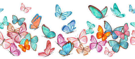watercolor seamless border with flying colorful different butterflies for your design. invitation...