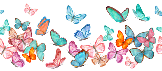 watercolor seamless border with flying colorful different butterflies for your design. invitation card. fabric texture. watercolour painting. png