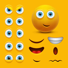 Cartoon yellow 3d face character creation constructor. Emoji with different emotions. Vector illustration of emoji