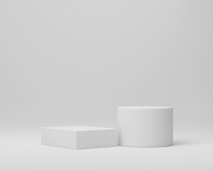 Step podiums on white background. Abstract minimal scene with geometrical. Scene to show cosmetic products presentation. Mock up design empty space. Showcase, shopfront, display case. 3d render.