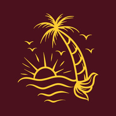 Monoline Sea Beach Vector Logo, sunlight badge, holiday creative emblem Design