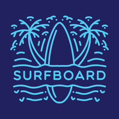 Monoline Surfboard Vector Logo, Summer badge, Beach creative emblem Design