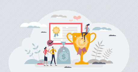 Incentive and financial stimulus for better work performance tiny person concept. Best employee award motivation with encouragement benefits as prize vector illustration. Additional bonus attraction.