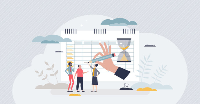 Timesheets And Time Schedule For Personell Work Hours Tiny Person Concept. Monthly, Weekly Or Annual Period Calendar With Meeting Planning And Project Organization Information Vector Illustration.