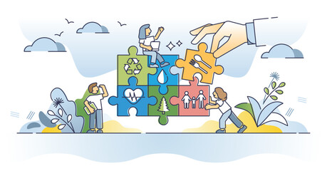 SDG or sustainable development goals for business strategy outline concept. Environmental responsibility for company or organization vector illustration. Combination puzzle of social problem solving.