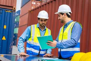 Group male engineers in a container shipping company Consulting to check the order for the container that is responsible