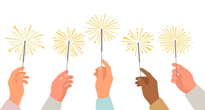 Sparklers in human hands. Friends celebrating with burning sparklers in hands. Celebration of New Year, birthday, Christmas. Vector illustration isolated on white background.