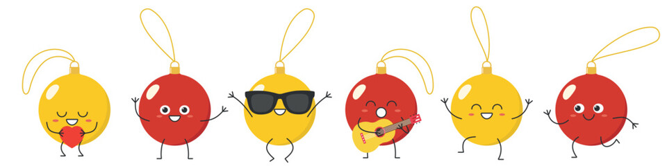 Fototapeta premium Christmas ball set cartoon character greeting jumping sings love running smiling face cheerful kawaii joy happy emotions icon vector illustration.