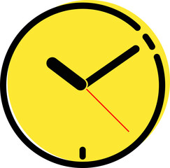 Simple yellow clock isolated illustration icon, symbol, logo with hour, minute, red second hand