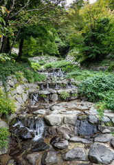 Waterfall green lush plants and tree view at Bongnae Falls in Ulleungdo Island South Korea