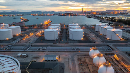 Aerial view oil terminal industrial facility storage tank oil and petrochemical product for...