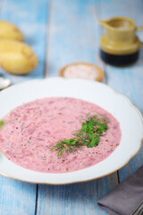 A plate with cold beetroot soup - national dish of Baltic region