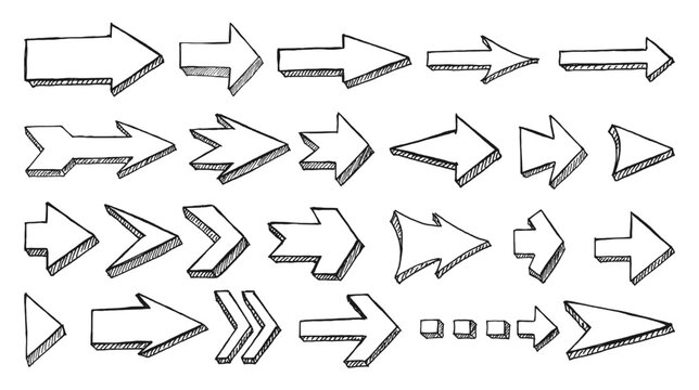 Set of hand drwan doodle vector arrows.