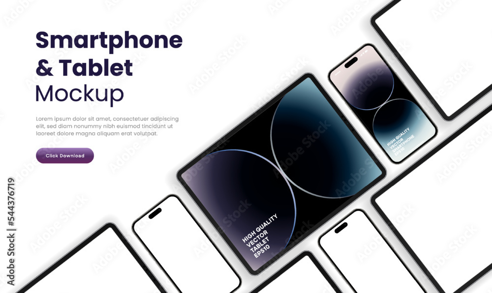 Poster Modern laptop mockup front view and high quality smartphone and tablet mockup isolated on white background. Notebook mockup and phone device mockup for ui ux app and website presentation.Stock Vector.