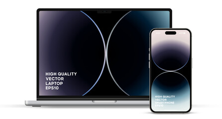 Modern laptop mockup front view and smartphone mockup high quality isolated on white background. Notebook mockup and phone device mockup for ui ux app and website presentation Stock Vector.