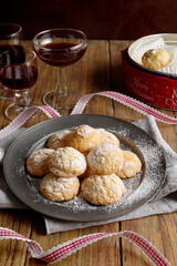 Christmas biscuits on wooden table. Front view.