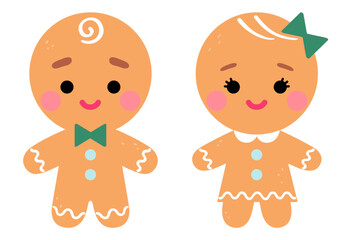 Bonhomme et bonne femme en pain d'épices de Noël isolés sur fond blanc
