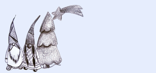 Banner con folletti e albero di Natale, illustrazione nera su sfondo azzurro