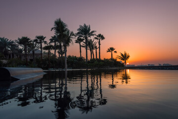 Fototapeta na wymiar Sunset and palm trees with reflection in the pool.
